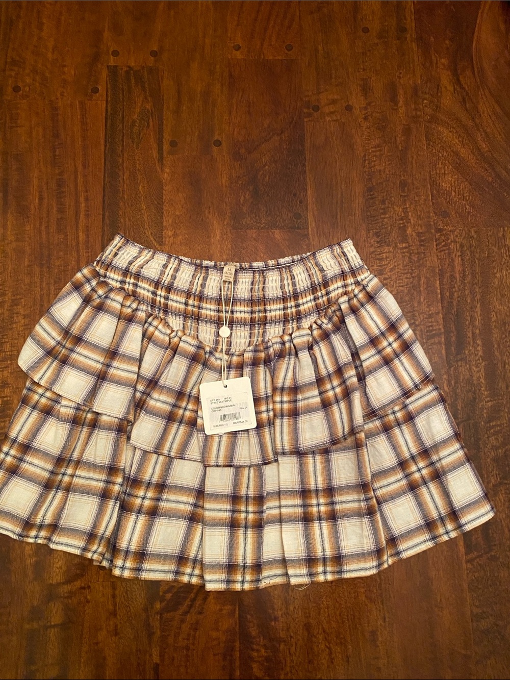 Girl’s Plaid Tiered Skirt in Cream and Brown